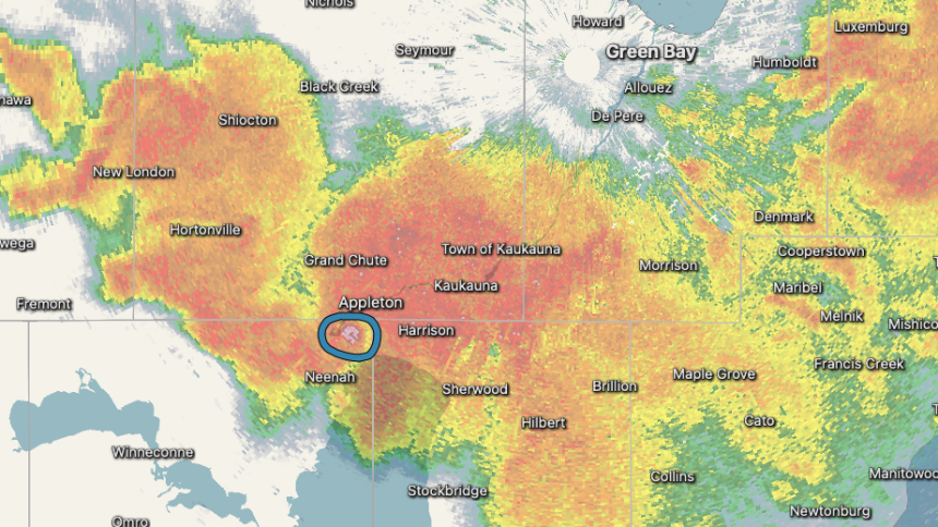 The blue circle shows the location of the tornado on Doppler radar.