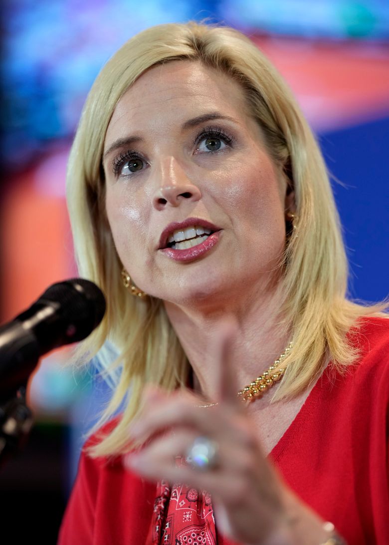 Rep. Ashley Hinson speaks during a US Senate campaign rally in West Des Moines, Iowa, on May 30.