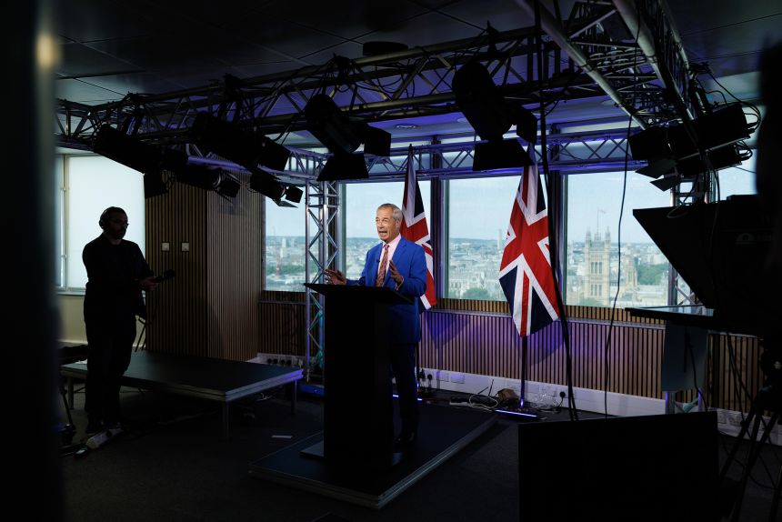 Nigel Farage announces his resignation as a member of parliament while giving a statement on his "future in public life" at Millbank Tower in London, on July 7.