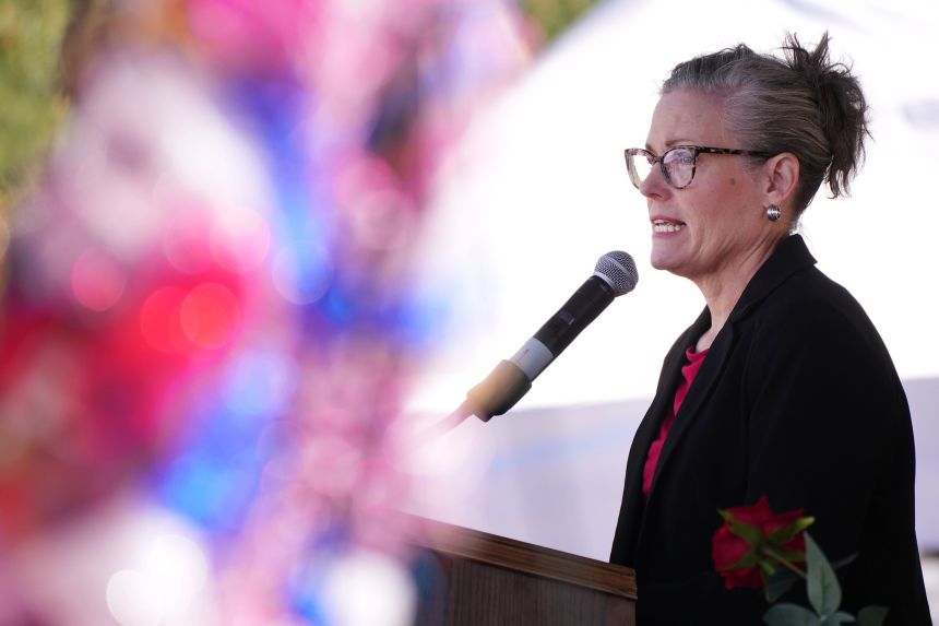 Arizona Gov. Katie Hobbs speaks during a Memorial Day event at the Phoenix National Memorial Cemetery on May 25.