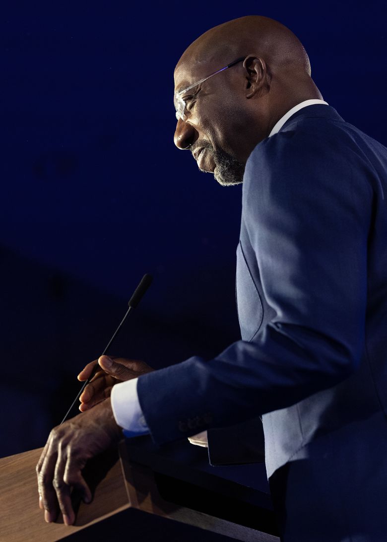 Sen. Raphael Warnock speaks during a reelection night watch party in Atlanta, Georgia, on December 6, 2022.
