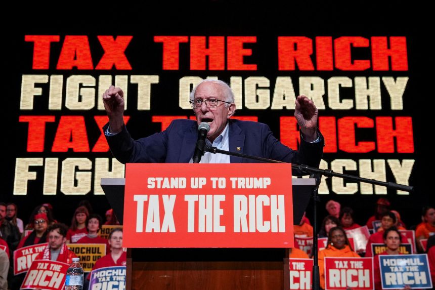 Sen. Bernie Sanders speaks to supporters during a "Tax The Rich" rally in the Bronx borough of New York, on March 29.
