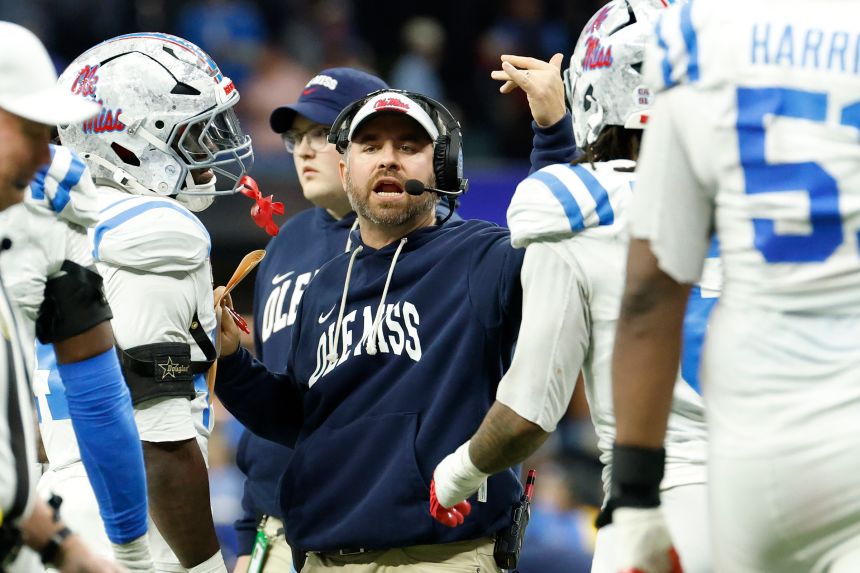 Ole Miss Rebels head coach Pete Golding huddles with players during the second half of the 2026 Sugar Bowl against the Georgia Bulldogs in New Orleans, Louisiana, on January 1.