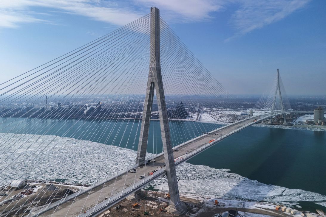 The Gordie Howe International Bridge, under construction to link Detroit, Michigan, with Windsor, Ontario, as seen in a drone image taken from Windsor, Ontario, Canada, on February 10, 2026.