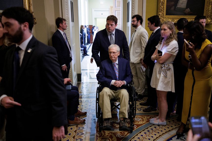 Sen. Mitch McConnell leaves a weekly policy lunch on Capitol Hill on May 19, 2026.