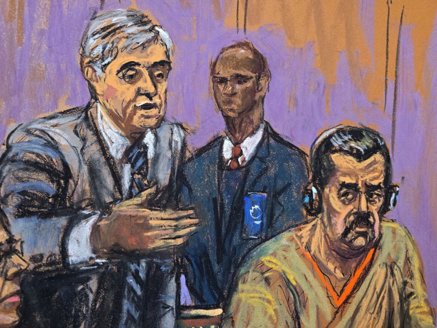 Ousted Venezuelan President Nicolás Maduro with his lawyer, Barry Pollack, attend a hearing in a narco-terrorism case at the Daniel Patrick Moynihan United States Court House in New York City, March 26, 2026 in this courtroom sketch.