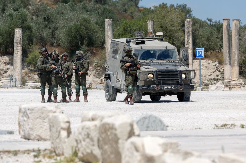 Israeli troops at the archaeological site of Sebastia in the Israeli-occupied West Bank, on June 29.