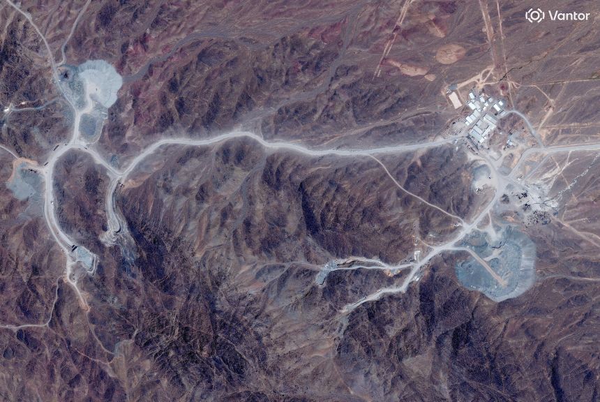 A satellite view shows tunnel entrances at Pickaxe Mountain near Natanz, Iran, on June 30, 2026.