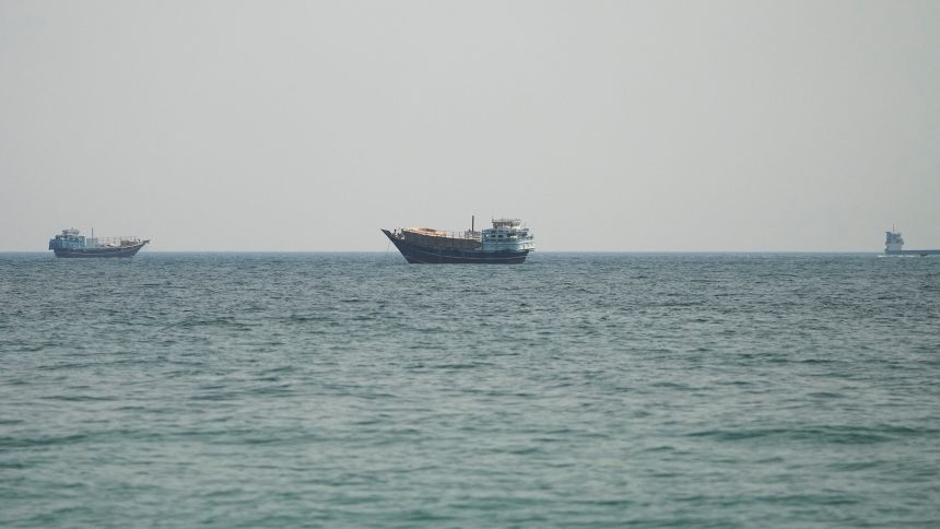 Vessels at the Strait of Hormuz as seen from Musandam, Oman, on July 12, 2026.