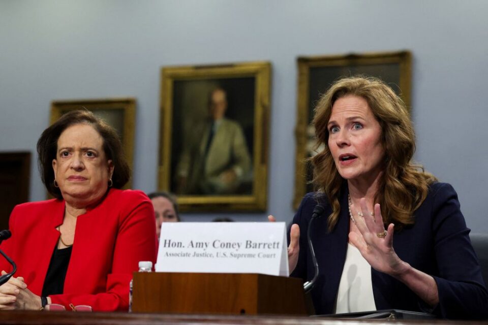 US Supreme Court justices Amy Coney Barrett and Elena Kagan testify before a House Appropriations Financial Services and General Government Subcommittee hearing on the Supreme Court's annual budget request to Congress on Capitol Hill in Washington, DC, on July 14.