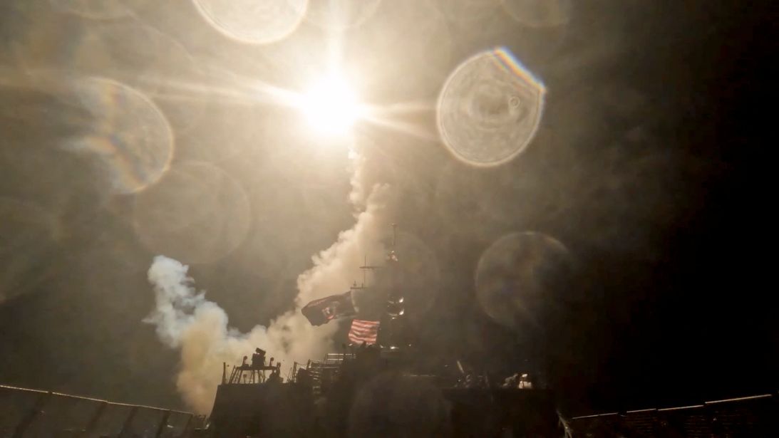 A US warship launches a munition at an unknown location during a wave of strikes on Iran in this image taken from handout video on July 16, 2026.