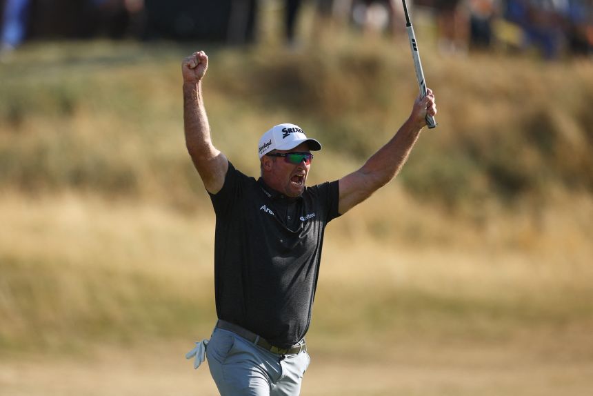 Ryan Fox celebrates winning the 2026 Open Championship after making a birdie putt on the 18th hole at Royal Birkdale on Sunday.