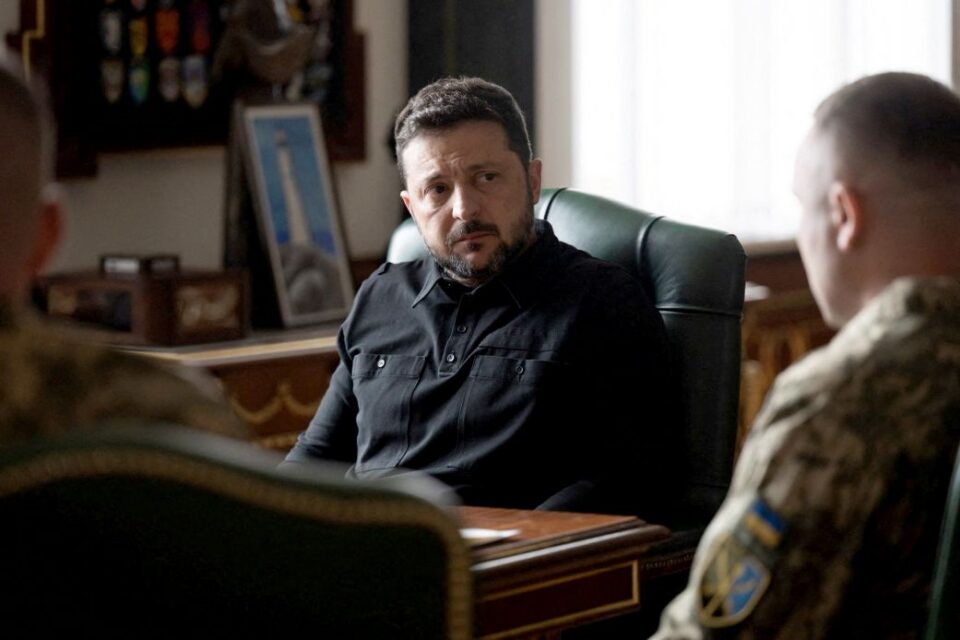 Ukraine's President Volodymyr Zelensky meets with Maj. Gen. Mykhailo Drapatyi in Kyiv, Ukraine, on July 20.