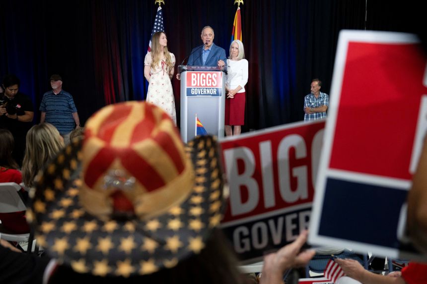 U.S. Representative and Republican nominee for Arizona governor Andy Biggs celebrates his win during his primary election night watch party at Dillon Precision in Scottsdale, Arizona, on July 21, 2026.