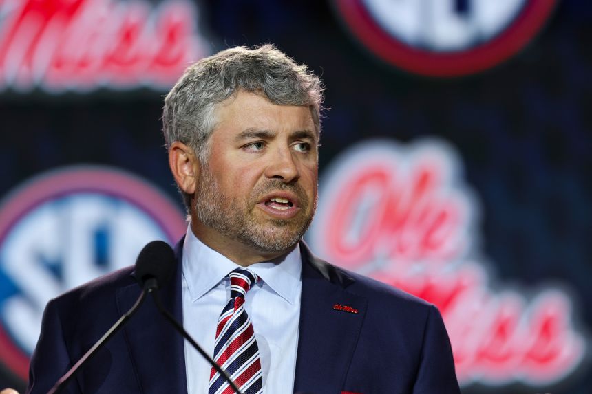Ole Miss Rebels head coach Pete Golding speaks to the press during SEC Media Days at the Tampa Marriott in Tampa, Florida.