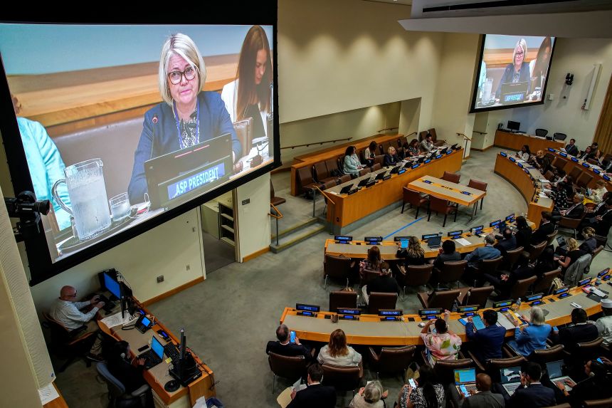 The President of the Assembly of States Parties (ASP) to the International Criminal Court (ICC), Paivi Kaukoranta addresses delegates before Friday's vote on whether to fire chief prosecutor Karim Khan.