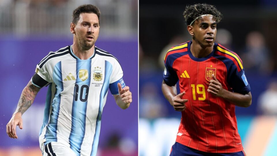 Argentina's Lionel Messi, left, and Spain's Lamine Yamal