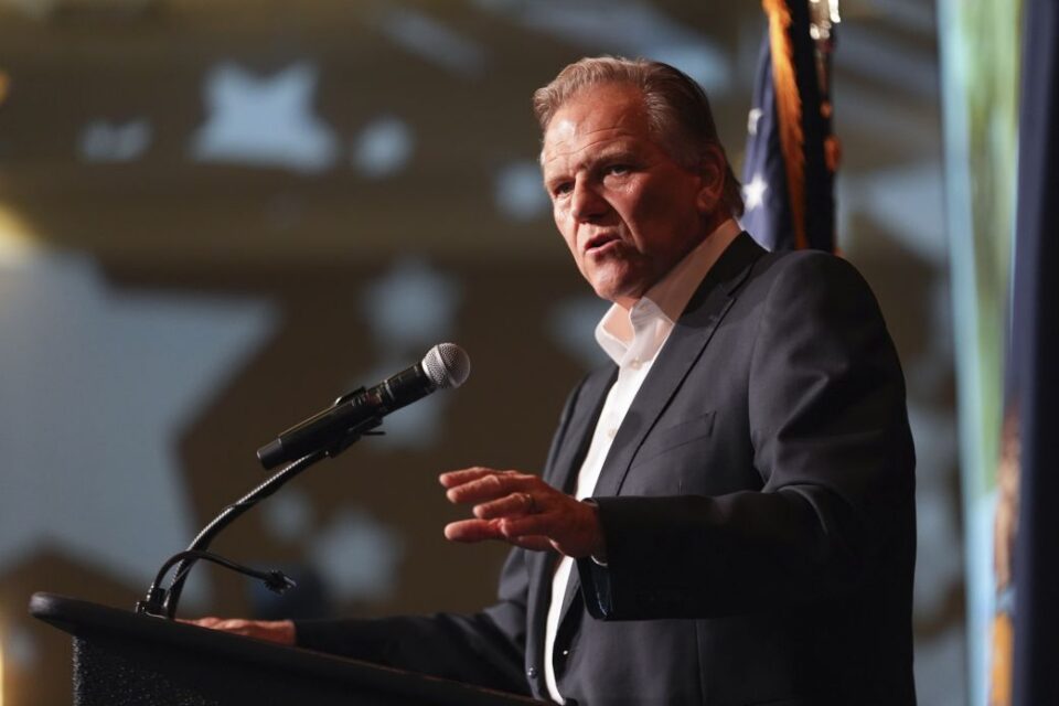 Republican Michigan Senate candidate Mike Rogers speaks during an election night watch party, Tuesday, November 5, 2024, in Novi, Michigan.