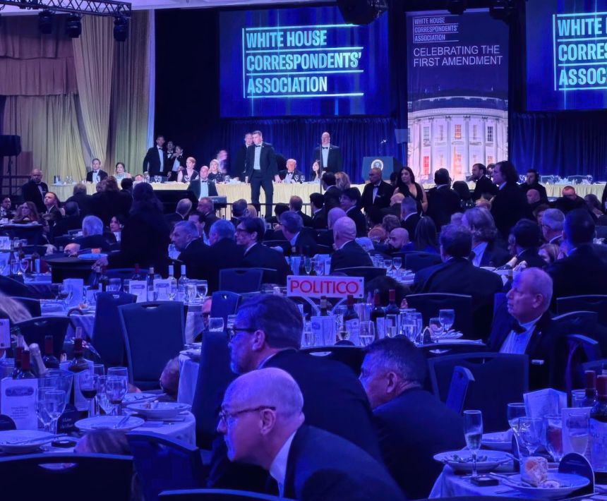 Secret Service agents respond near President Donald Trump and first lady Melania Trump during the White House Correspondents Dinner in Washington, DC, on April 25.