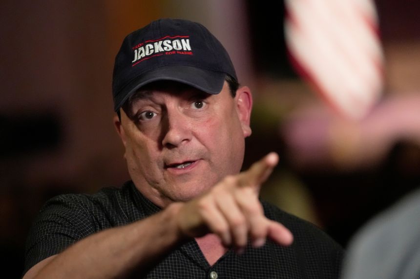 Troy Jackson speaks to reporters at a campaign event Friday, June 5, 2026, in Bar Harbor, Maine. (AP Photo/Robert F. Bukaty)