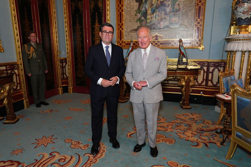 ap26201407334827-1 Britain's King Charles welcomes Andy Burnham, left, during an audience at Buckingham Palace, London, on Monday.
