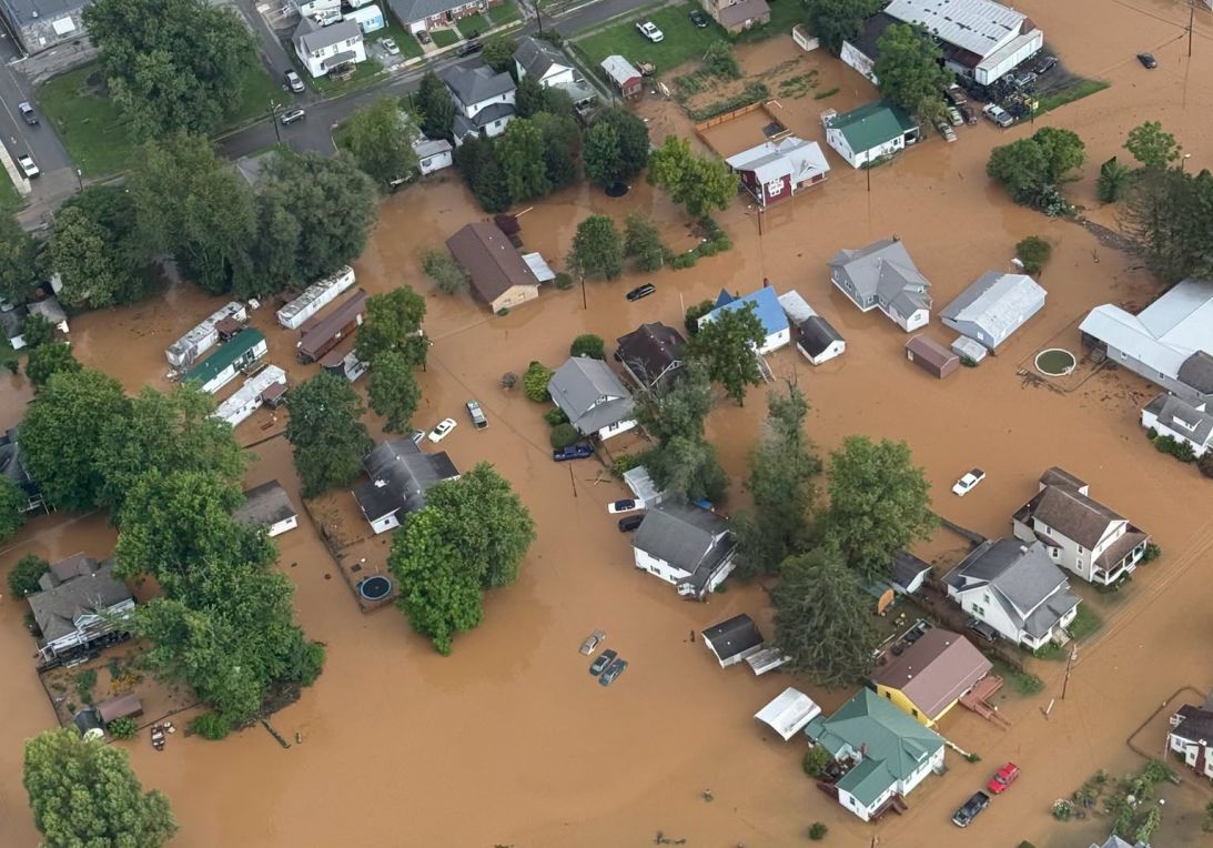 An aerial view shows extensive flooding in Buckhannon, West Virginia, on Wednesday, July 22, 2026.
