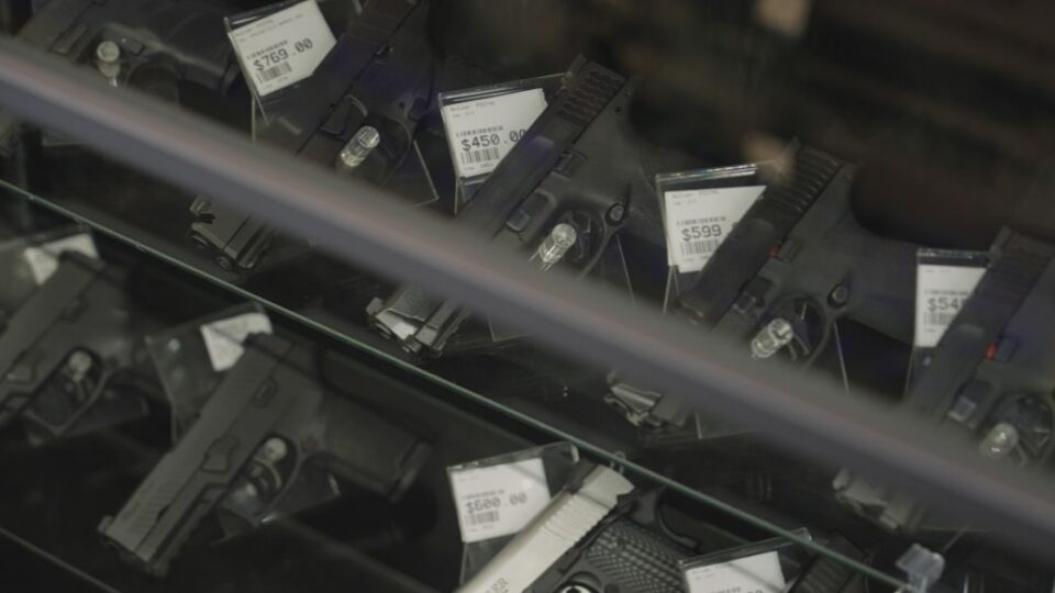 Handguns for sale at The Tactical Edge in Clarksville, Tennessee, on June 19, 2026.