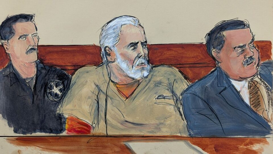 In this courtroom sketch, Ismael "El Mayo" Zambada, center, is seated in court during his sentencing, flanked by a US Marshal, left, and his attorney Frank Perez, right, in federal court in the Brooklyn borough of New York, on Monday.