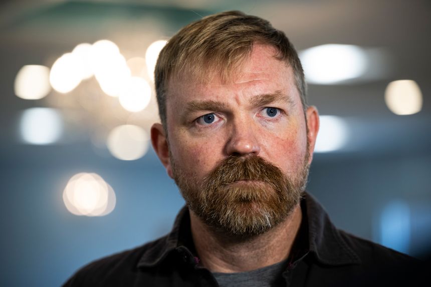 Then-U.S. Senate candidate Graham Platner speaks during a television interview on May 1, 2026. Platner dropped out after facing allegations of rape, which he denied.