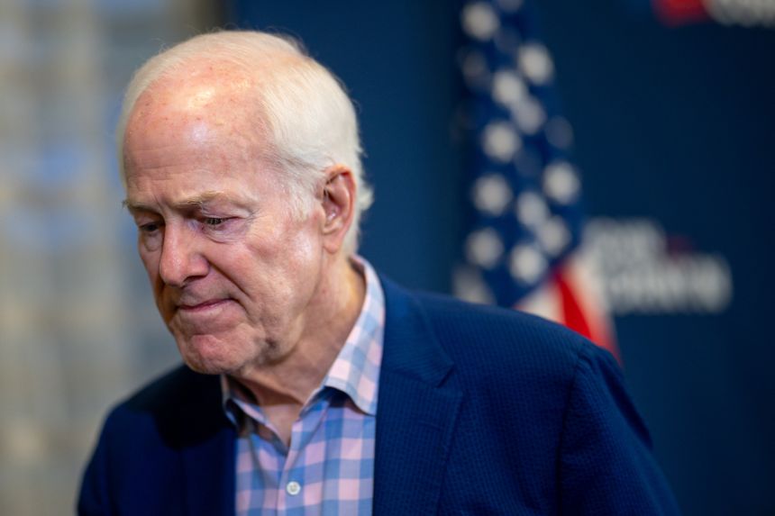 Texas Sen. John Cornyn after speaking at a news conference at the JW Marriott in Austin on May 26.
