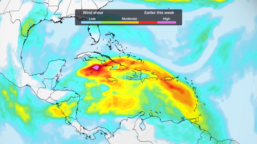 Storm-disrupting wind shear similar to what's pictured above has been in place for most of hurricane season to date.
