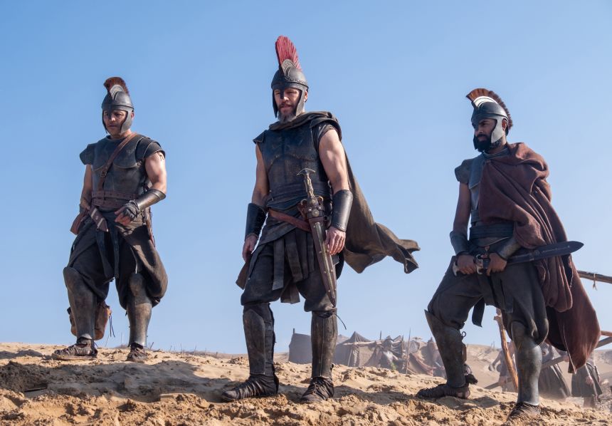 From left to right: Jimmy Gonzales as Cepheus, Matt Damon as Odysseus and Himesh Patel as Eurylochus in Christopher Nolan's new film, "The Odyssey."