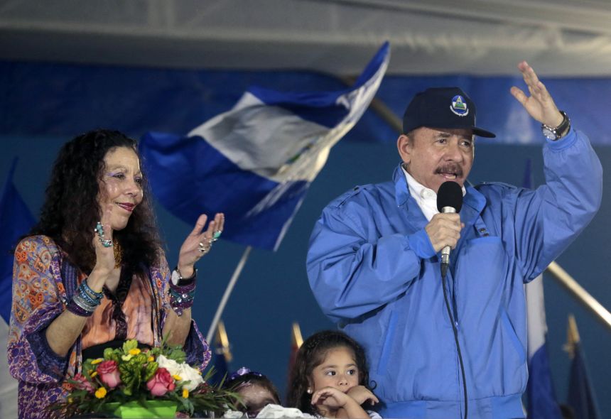 gettyimages-1052086826 Nicaraguan President Daniel Ortega, next to his wife Rosario Murillo, during a march called "We walk for peace, with faith and hope" in honor of Salvadoran blessed Monsignor Oscar Arnulfo Romero, on the eve of his canonization, in Managua on October 13, 2018.