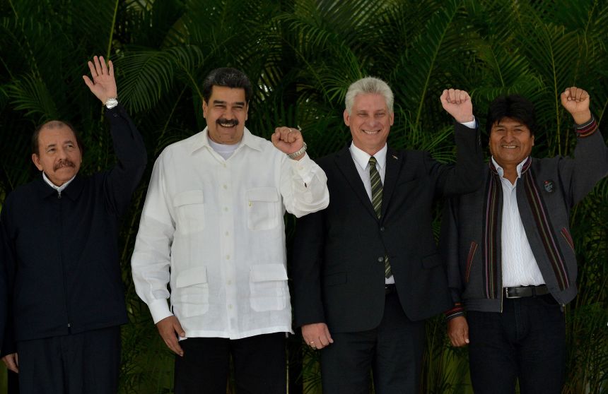 gettyimages-1073334878-20260722221010467 From left, Nicaragua President Daniel Ortega, Venezuelan President Nicolas Maduro, Cuban President Miguel Diaz-Canel and Bolivian President Evo Morales pose for the official picture of the XVI Summit of the Bolivarian Alliance for the People of Our Americas (ALBA) in Havana, on December 14, 2018.