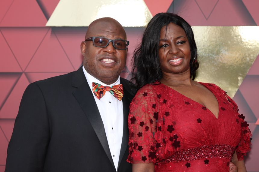 Eric Bieniemy and his wife, Mia, pictured ahead of the Super Bowl championship ring ceremony on June 15, 2023.