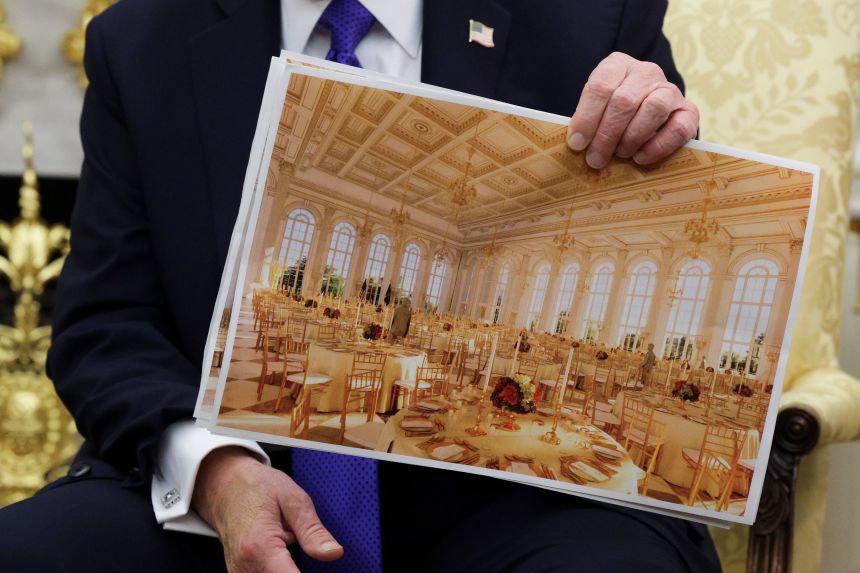 Donald Trump with a rendering showing the interior of his new White House ballroom on October 22, 2025