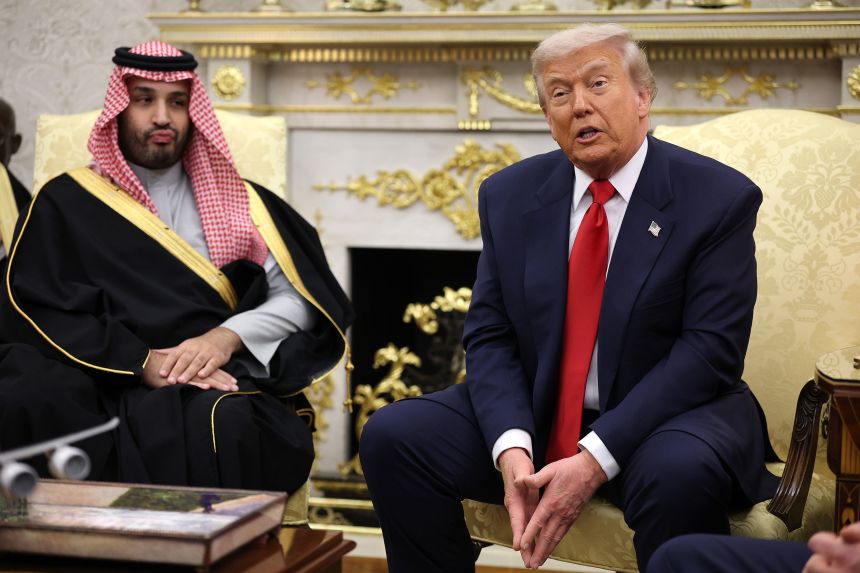 US President Donald Trump (R) speaks during a bilateral meeting with Crown Prince and Prime Minister Mohammed bin Salman of Saudi Arabia (L) in the Oval Office of the White House on November 18, 2025 in Washington, DC.