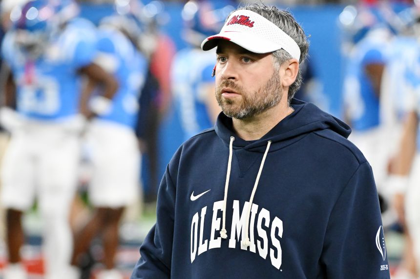 Ole Miss Rebels head coach Pete Golding during warmups prior to the game against the Miami Hurricanes on January 8 in Glendale, Arizona.
