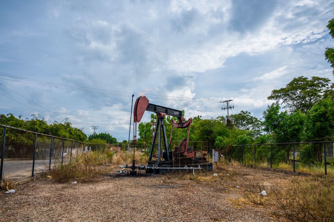 A pumpjack is pictured at the Campo Elias neighborhood in Cabimas, south of Lake Maracaibo, Zulia State, Venezuela, on January 31, 2026.