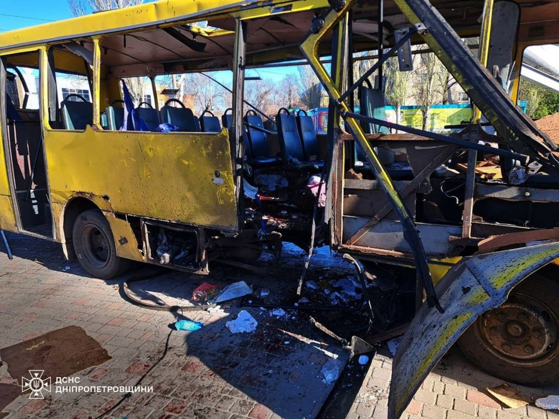 gettyimages-2269641945 A view of the scene following an attack by a Russian FPV drone that hit a city bus in Nikopol on April 7, 2026.