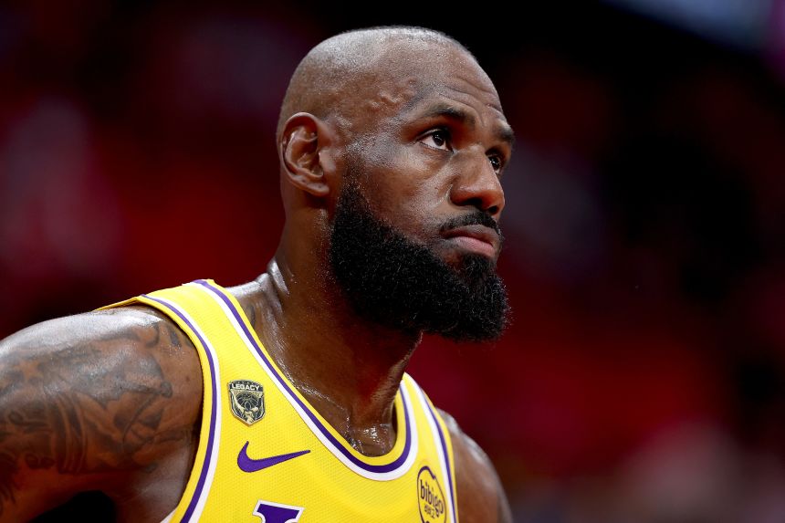 LeBron James looks on during a game in Houston in April.