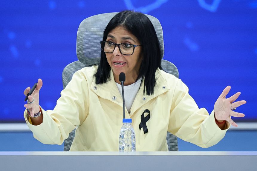 Delcy Rodriguez, Venezuela's acting president, at a press conference in Caracas on July 2 after the double earthquake that struck the country.
