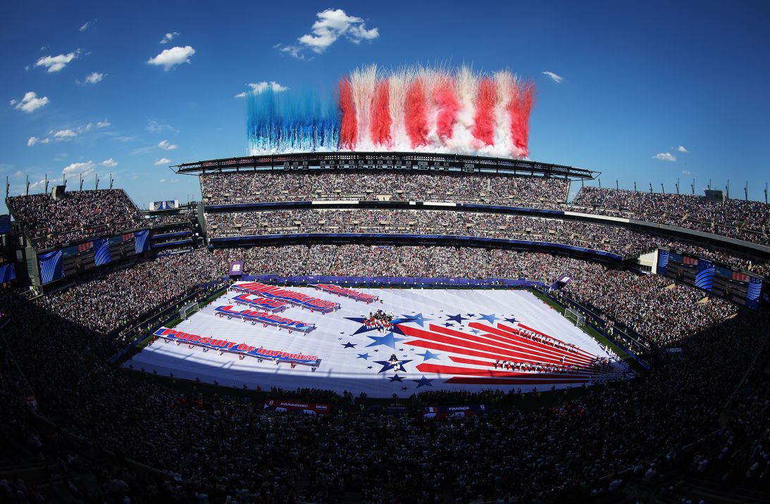 A general view as the US national anthem is performed to mark the 4th of July before the Round of 16 match between Paraguay and France at Philadelphia Stadium in Philadelphia, Pennsylvania.