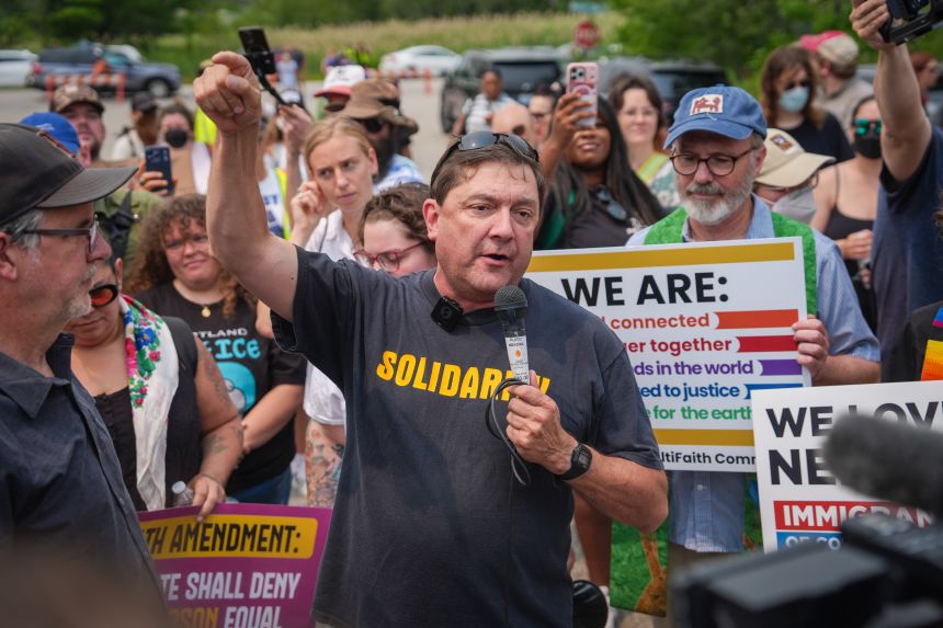 Troy Jackson, Maine's likely Democratic candidate for US Senate, speaks during a demonstration outside of a federal immigration office on July 14 in Scarborough, Maine.