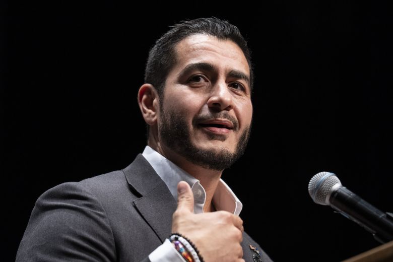 Michigan Democratic candidate for Senate Abdul El-Sayed speaks at The People V. The Powerful rally at the Detroit Opera House on July 18, 2026 in Detroit, Michigan.