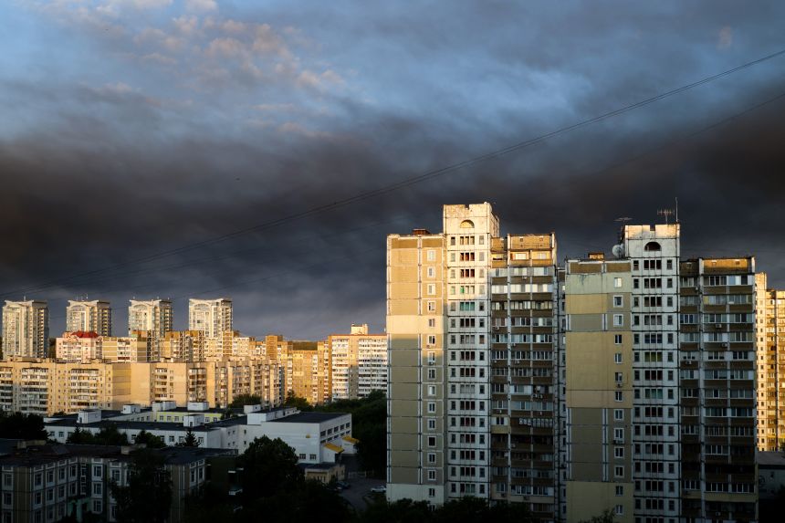 gettyimages-2286110868 Smoke hangs in the air following Russian missile strikes on the Ukrainian capital of Kyiv on Sunday.