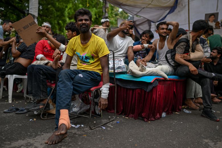 Injured protesters gather during a demonstration led by the CJP campaign at Jantar Mantar on July 21, 2026, in New Delhi, India.