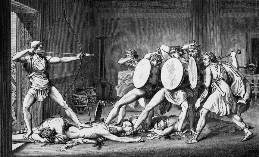 Odysseus kills the suitors who were courting his wife Penelope in an undated engraved illustration.
