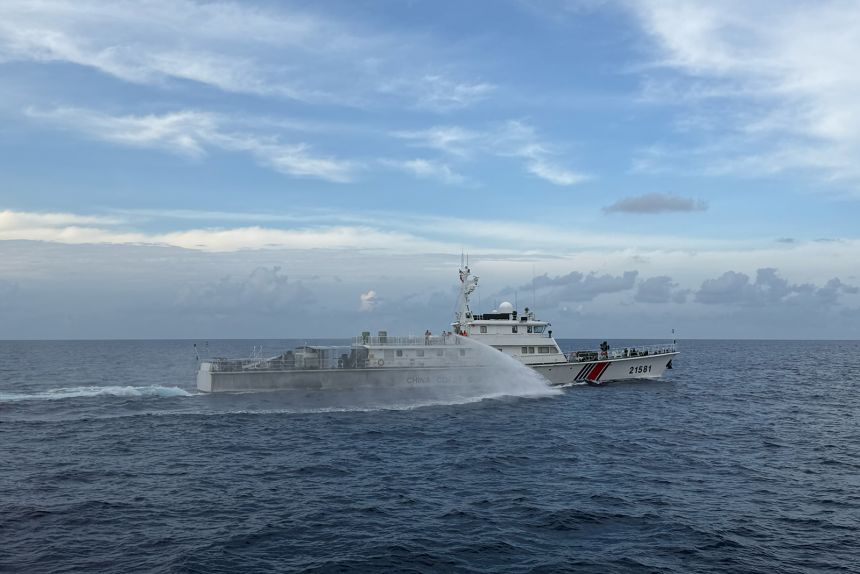 img-4384-20260724040443461 China Coast Guard vessel fires water cannon at a Philippine vessel near Scarborough Shoal in the South China Sea on July 24, 2026.
