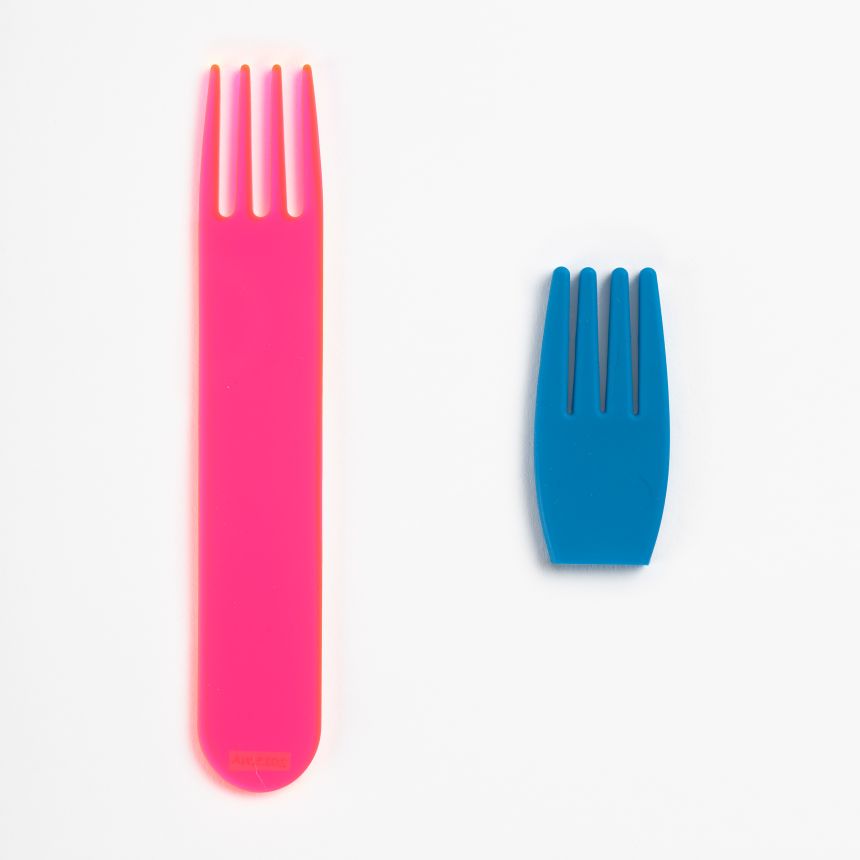 New York-based designer Kelsey Fairhurst's "Just a Fork," is made of acrylic remnants and a features a travel-friendly silicone sleeve.